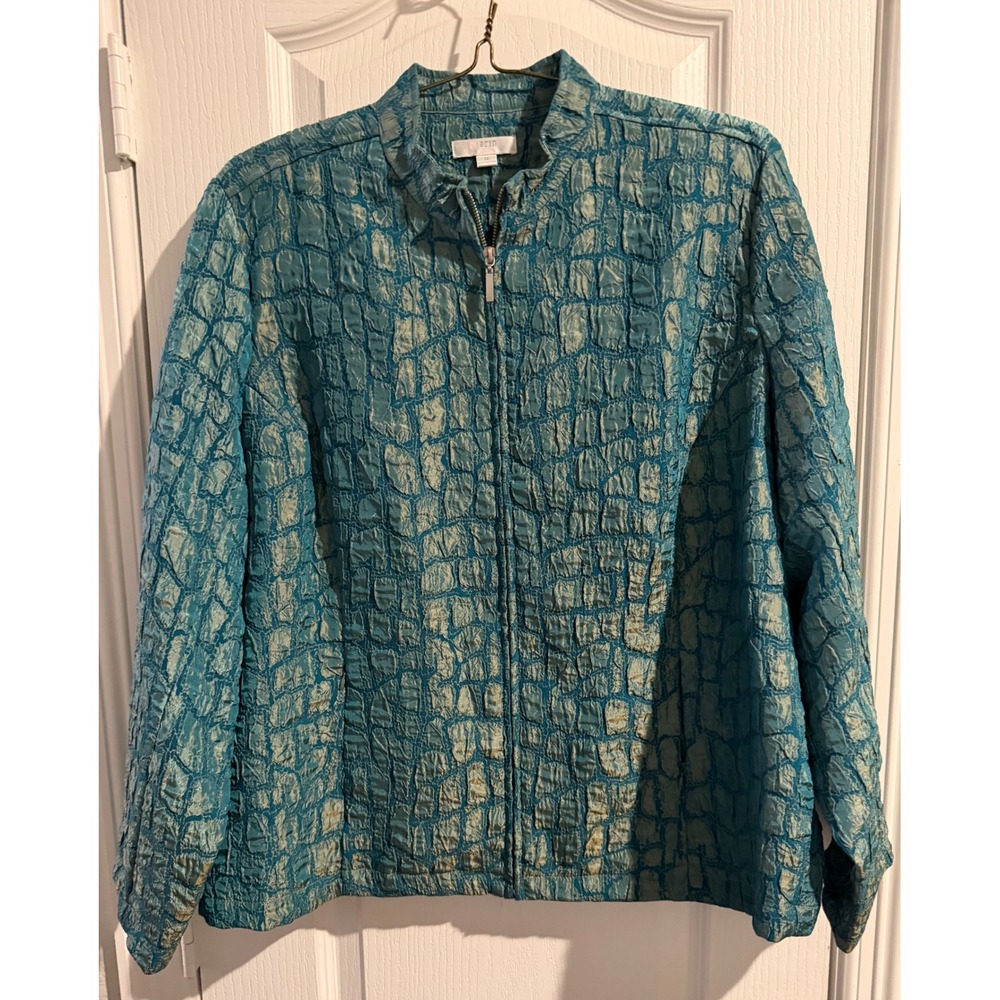 Erin Teal Blue Textured Full Zip Mock Neck Jacket Metallic Plus Size 1X